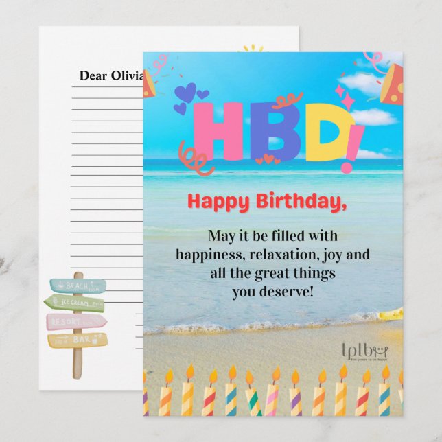 TARJETA DE CUMPLEAÑOS PERSONALIZADA DE PLAYA (Anverso / Reverso)