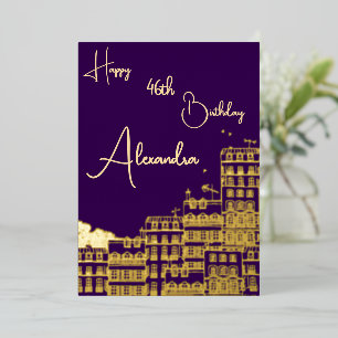 Tarjeta de cumpleaños personalizada morada y dorad