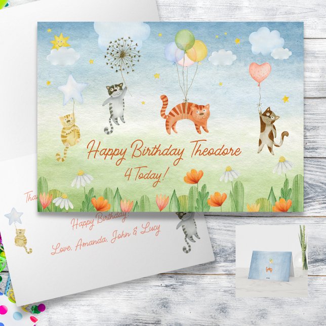Tarjeta de cumpleaños personalizada para gatos y g (Personalized Cute Cats and Balloons Birthday Card)