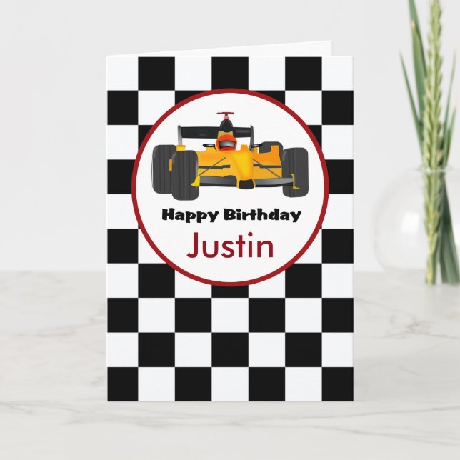 Tarjeta de cumpleaños personalizada Race Car (Anverso)