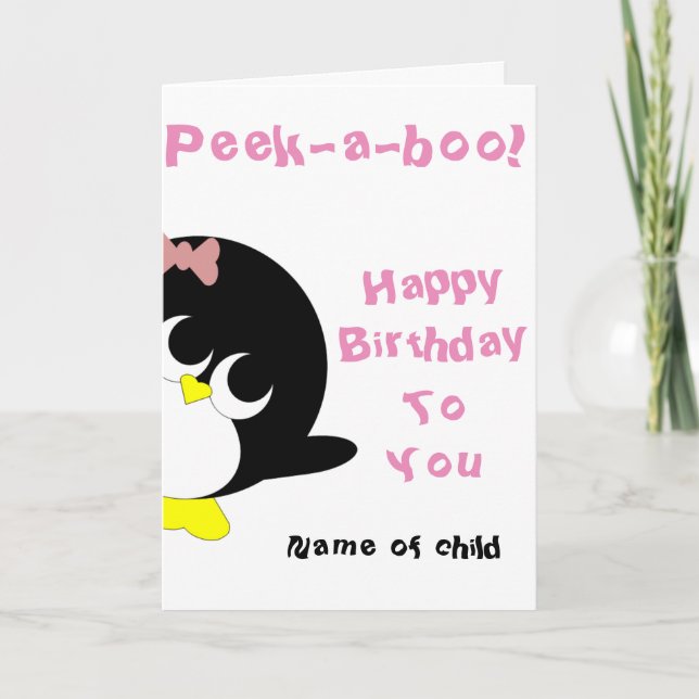 Tarjeta de cumpleaños pingüino para chica joven (Anverso)