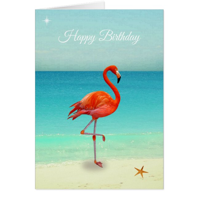 Tarjeta de cumpleaños Pink Flamingo en la Playa (Frente)