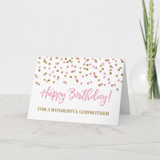 Tarjeta de cumpleaños Pink Gold Confetti Godparent (Anverso)