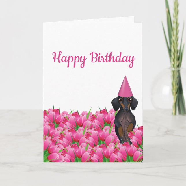 Tarjeta de cumpleaños Pink Tulip Dachshund (Anverso)
