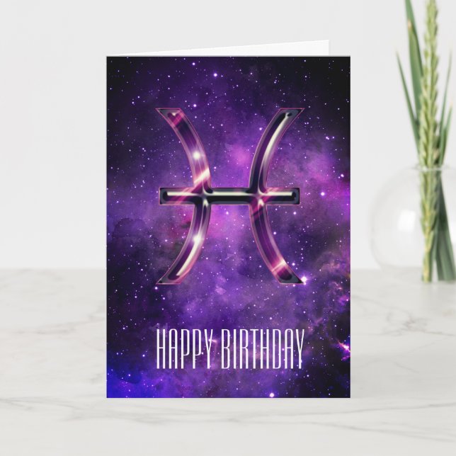 Tarjeta de cumpleaños Pisces Purple Space (Anverso)