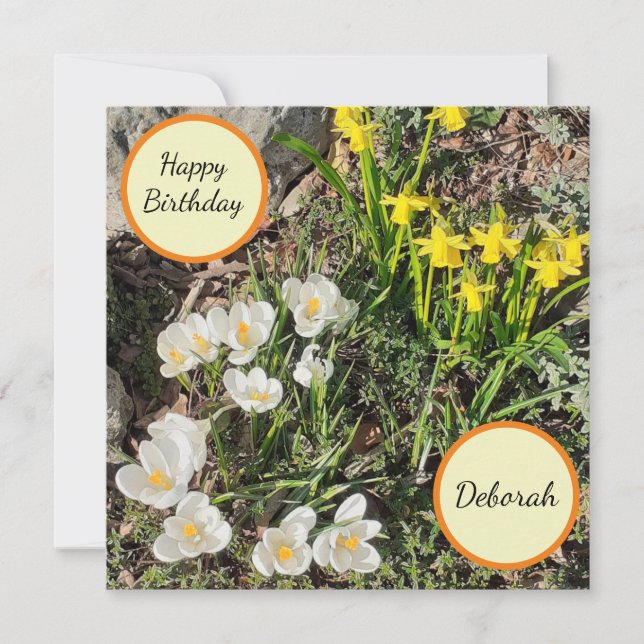 Tarjeta de cumpleaños plana Daffodils & Crocus (Anverso)