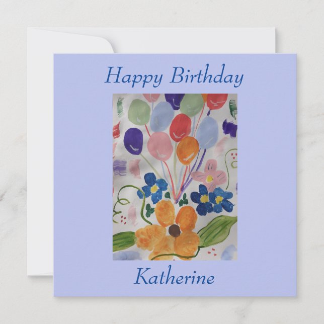 Tarjeta de cumpleaños plana de flores y globos (Anverso)