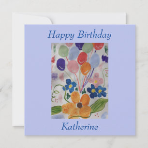 Tarjeta de cumpleaños plana de flores y globos