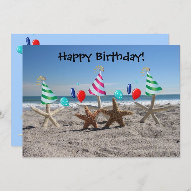 Tarjeta de cumpleaños plana de Starfish en la play (Anverso / Reverso)