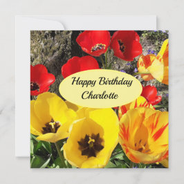 Tarjeta de cumpleaños plana de tulipanes amarillos