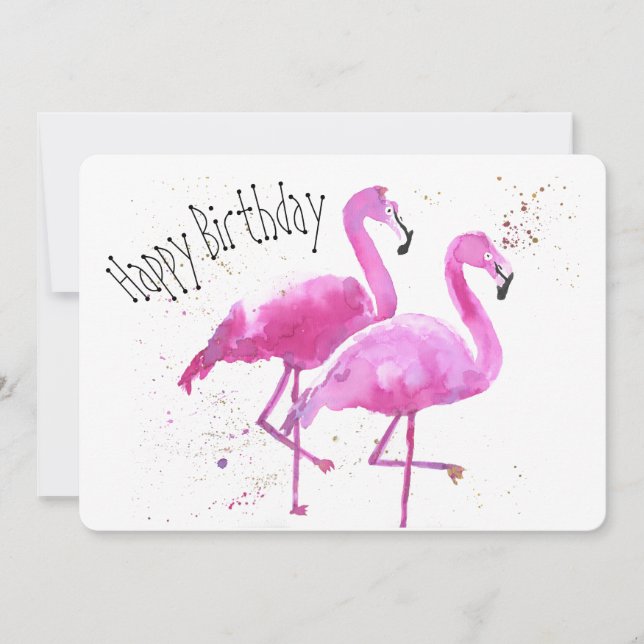 Tarjeta de cumpleaños plana Flamingo, caprichosa (Anverso)
