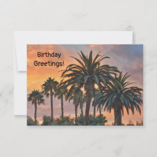 Tarjeta de cumpleaños plana Sunset and Palm Trees