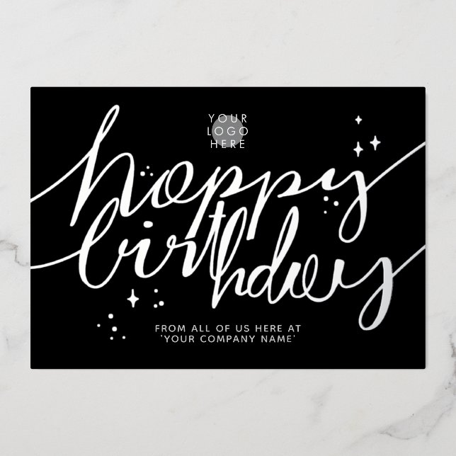 Tarjeta de cumpleaños plateada con logotipo y letr (Anverso)
