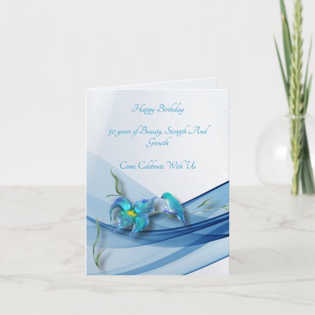 Tarjeta de cumpleaños plegada de colibrí y ola azu (Anverso)