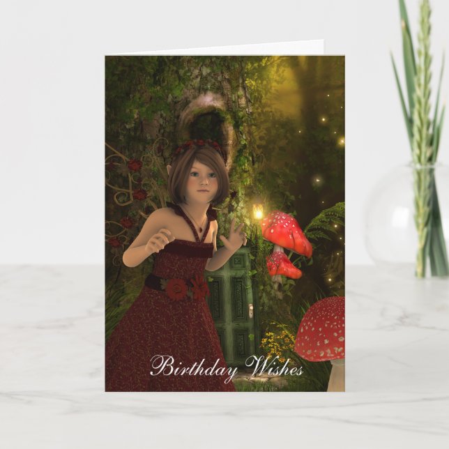 Tarjeta de cumpleaños plegada roja para hadas (Anverso)