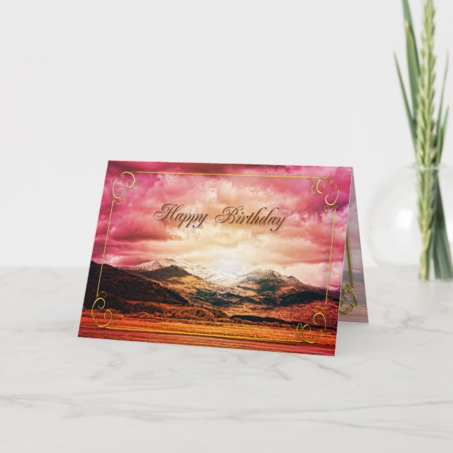 Tarjeta de cumpleaños, puesta de sol sobre las mon (Anverso)