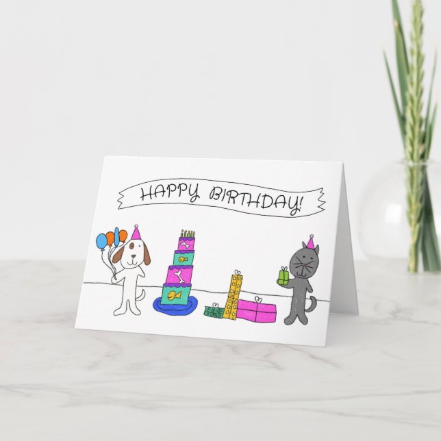 Tarjeta de cumpleaños "Puppy Kitty Birthday Party" (Anverso)