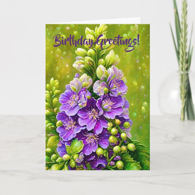 Tarjeta de cumpleaños Purple Delphinium Flower Art (Anverso)