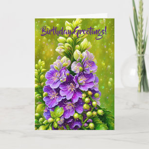 Tarjeta de cumpleaños Purple Delphinium Flower Art