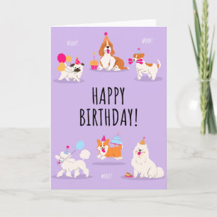 Tarjeta de cumpleaños Purple Illustrated Dog