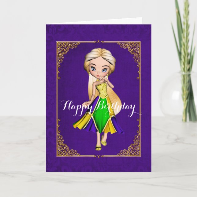 Tarjeta de cumpleaños púrpura Mardi Gras Chica (Anverso)