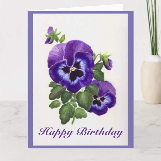 Tarjeta de cumpleaños púrpura pansies (Anverso)