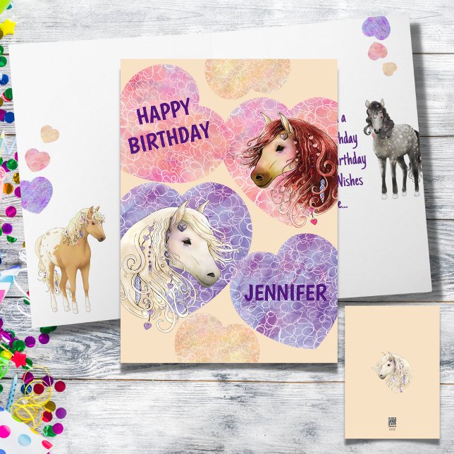 Tarjeta de cumpleaños púrpura rosa Super lindo Boh (Boho Ponies Birthday Card with Name)