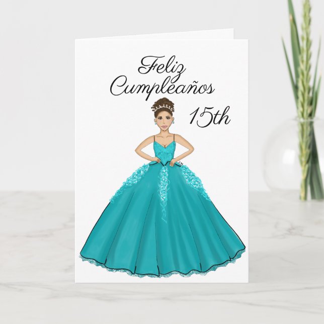 Tarjeta de cumpleaños Quinceanera verde azulada (Anverso)