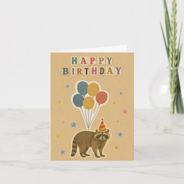 Tarjeta de cumpleaños Raccoon sobre fondo Kraft (Anverso)