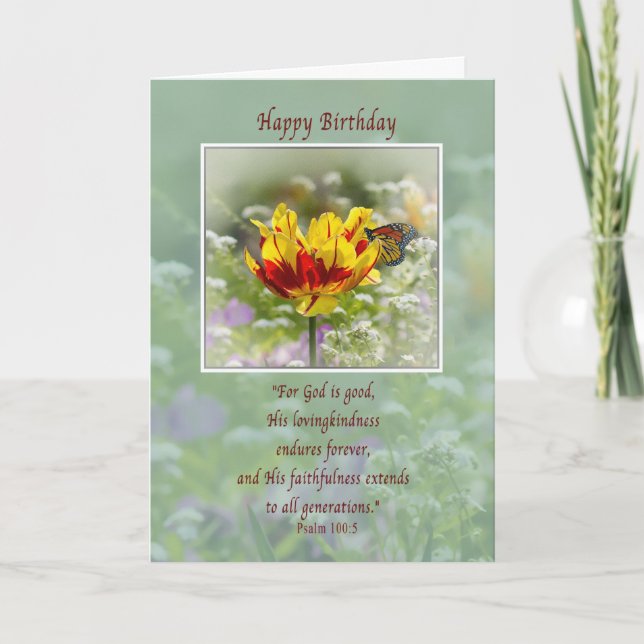 Tarjeta de cumpleaños, religión, flores y mariposa (Anverso)