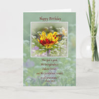 Tarjeta de cumpleaños, religión, flores y mariposa