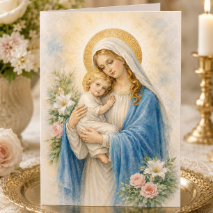 Tarjeta de cumpleaños religiosa católica María y J
