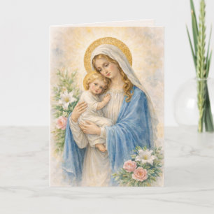 Tarjeta de cumpleaños religiosa católica María y J