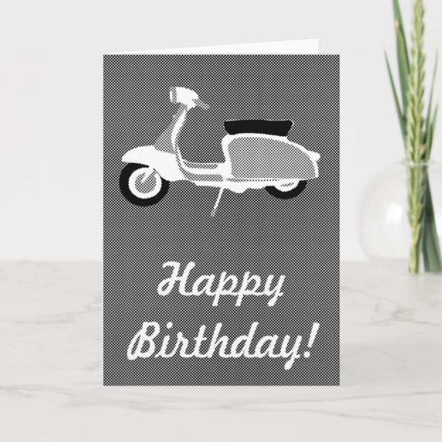 Tarjeta de cumpleaños Retro Scooter negro y blanco (Anverso)