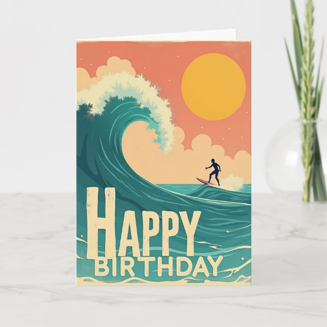 Tarjeta de cumpleaños Retro Surfer (Anverso)