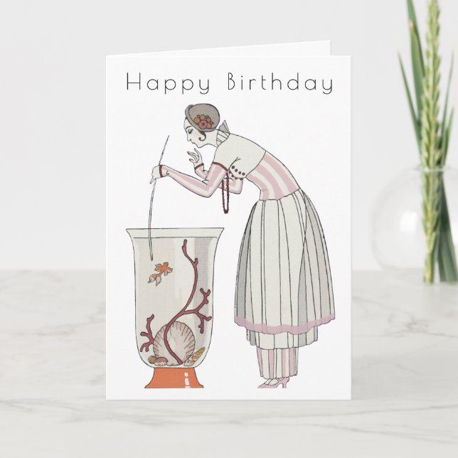 Tarjeta de cumpleaños Retro Woman Fish Bowl Art De (Anverso)