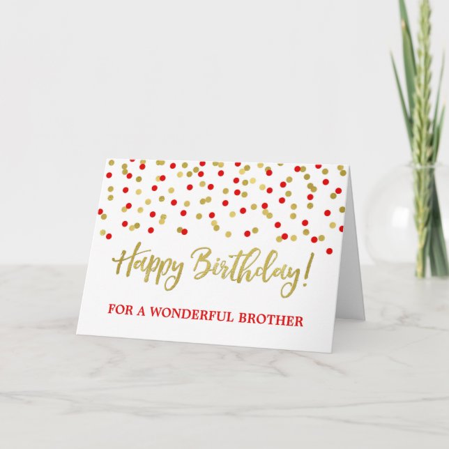 Tarjeta de cumpleaños roja de Brother del confeti (Anverso)