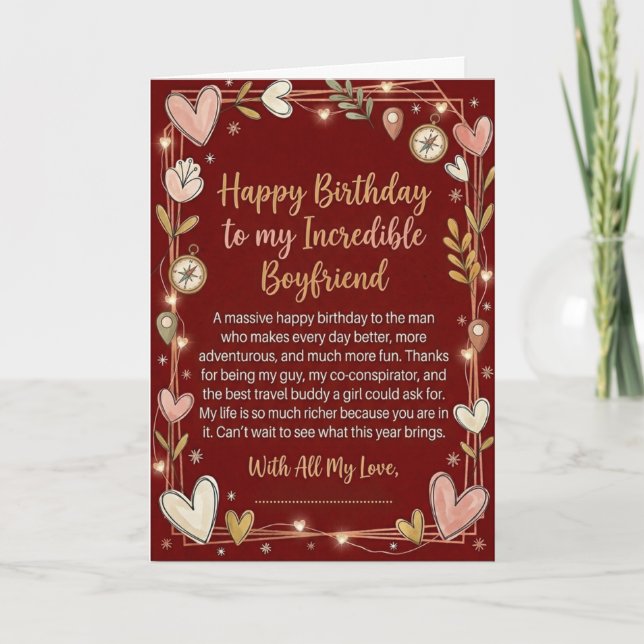 Tarjeta de cumpleaños roja para novio de aventura  (Anverso)