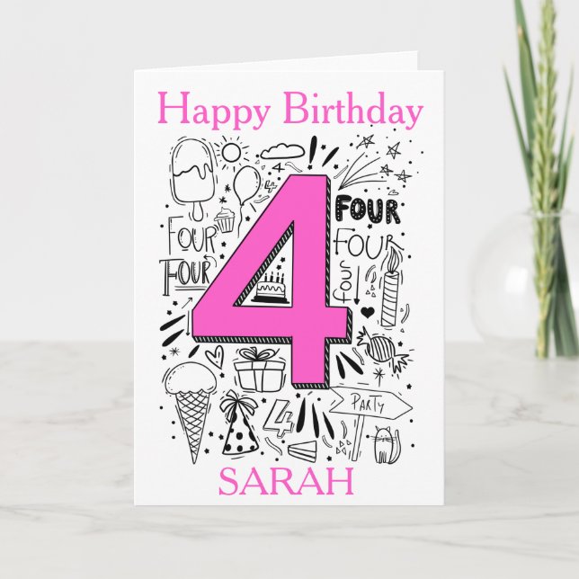 Tarjeta de cumpleaños rosa de cuatro años (Anverso)