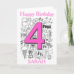 Tarjeta de cumpleaños rosa de cuatro años
