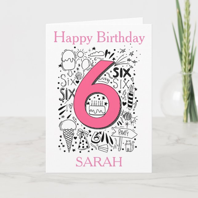 Tarjeta de cumpleaños rosa de seis años (Anverso)