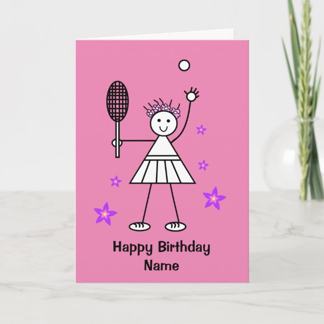 Tarjeta de cumpleaños rosa para jugadora de tenis  (Anverso)