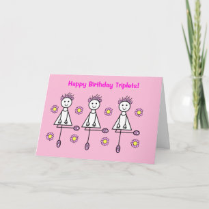 Tarjeta de cumpleaños rosa para trillizas de dibuj