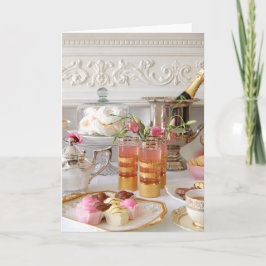 Tarjeta de cumpleaños rosa y dorada, té inglés, pa