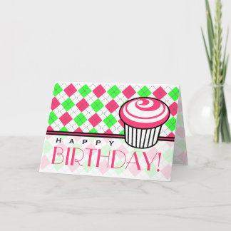 Tarjeta de cumpleaños Rosada y Verde Argyle - Past