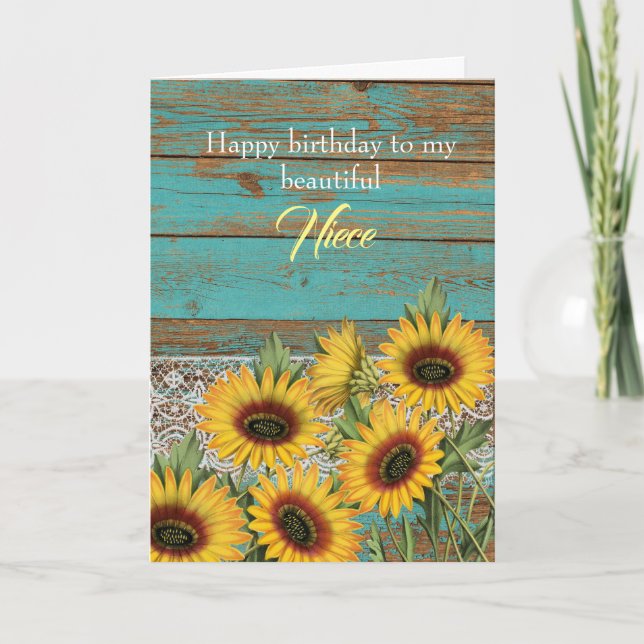 Tarjeta de cumpleaños Rustic Wood Yellow Sunflower (Anverso)