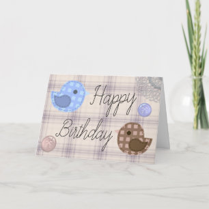 Tarjeta de cumpleaños rústica de pájaros a cuadros