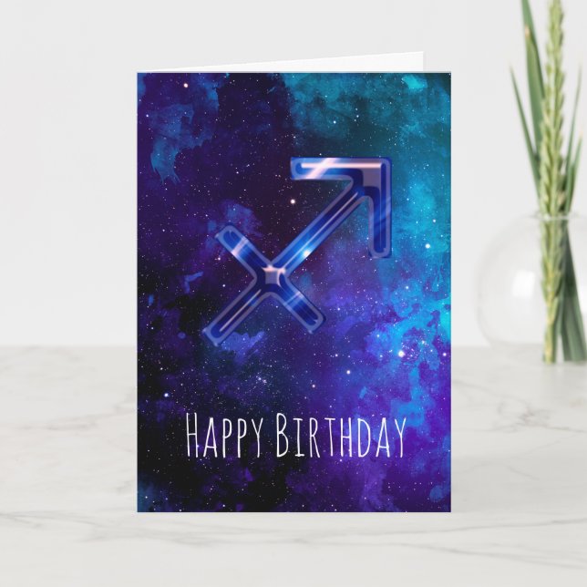Tarjeta de cumpleaños Sagittarius de espacio azul (Anverso)