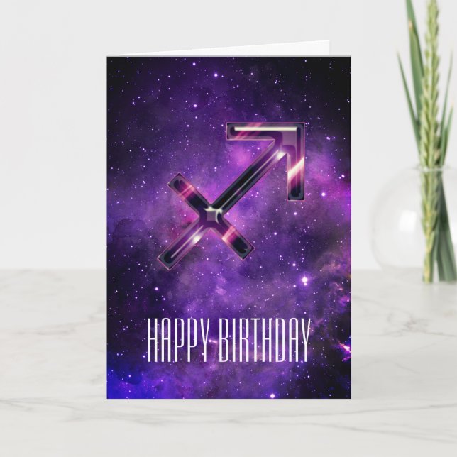 Tarjeta de cumpleaños Sagittarius Purple Space (Anverso)