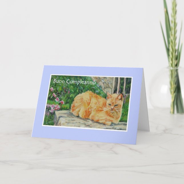 Tarjeta de cumpleaños, saludo italiano, gato jengi (Anverso)